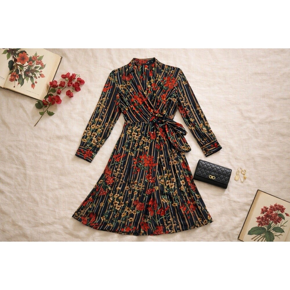 Brown Black Floral Wrap Dress Boho Cottagecore Romantic Party Parisian Zara
